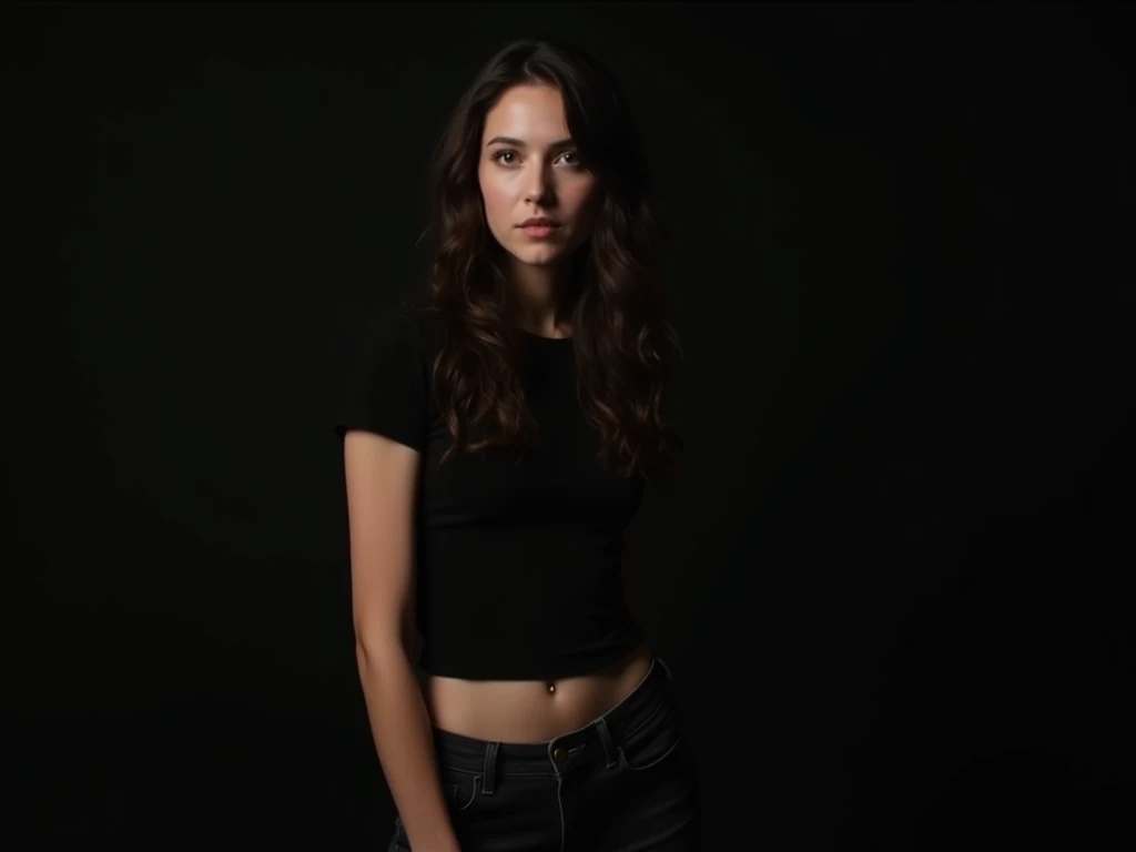 young woman aged 20, posing in a photostudio, grey background
