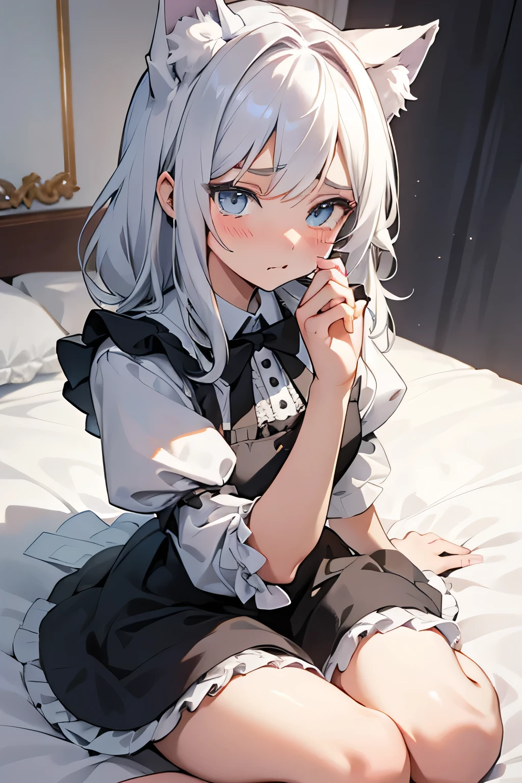 An anime-style illustration of a cute catgirl sitting on the bed. The character is a teenager with silver-gray hair. She has fluffy white cat ears, blue expressive eyes, and a soft, shy expression upset and angry, pouting, teary eyes, crying, tears. She is wearing a black and white frilly maid outfit with a bow tie, puffed sleeves, and lace accents. The character's pose is with one hand on her face and the other, lightly holding the edge of her dress., and her pale legs are visible. The lighting is soft and natural, highlighting her face and outfit details. The overall tone is detailed, clean, and polished, with a focus on its cute and elegant appearance. High-quality, vibrant colors, soft shading, and intricate details on the character's outfit and hair, anime, detailed, soft shading, vibrant, high quality, cute, catgirl, maid outfit, cozy setting