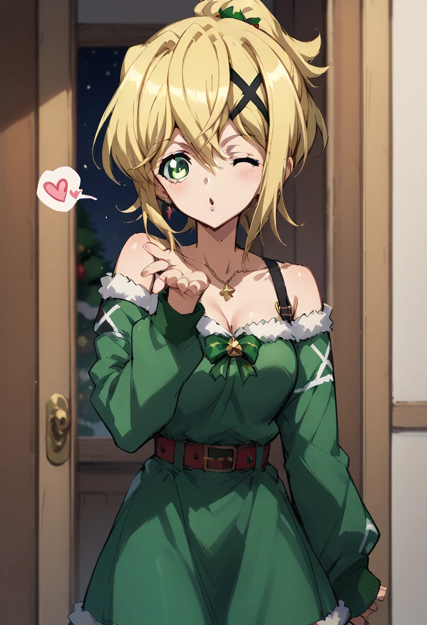 Akatsuki Kirika,blowing kiss, wink,christmas costume,simple green&red christmas costume,Off-Shoulder,dress,standing 