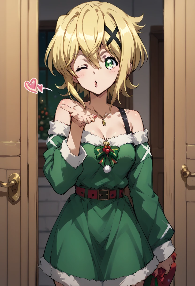 Akatsuki Kirika,blowing kiss, wink,christmas costume,simple green&red christmas costume,Off-Shoulder,dress,standing 