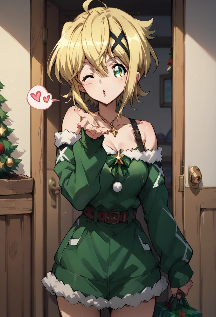 Akatsuki Kirika,blowing kiss, wink,christmas costume,simple green&red christmas costume,Off-Shoulder,dress,standing 