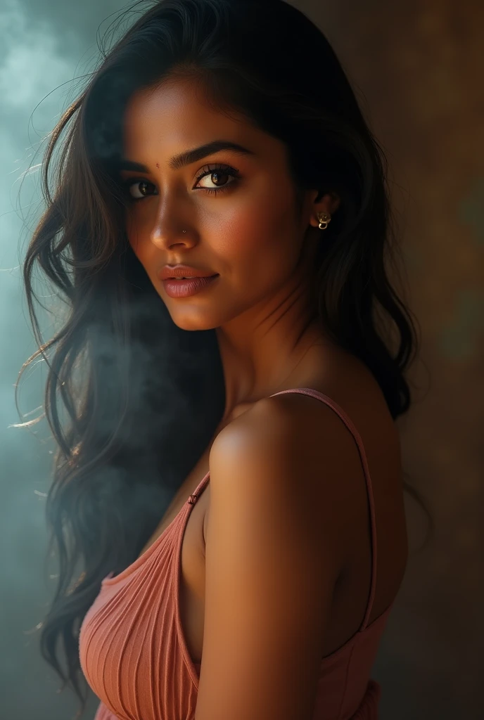 photo of a 25 year old Indian woman, RAW, beautfull woman, (extra long wavy brown hair), ((portraite)), ((rosto detailded: 1.2)), ((detailedfacialfeatures)), (finely detailed skin), pale skinned, terno bodycon hasmat bodycon de decote profundo altamente detailded, megacity atmosphere, (cool colours), humid, humid, reflexes, (Masterpiece artwork) (perfect aspect ratio)(photo realist)(best qualityer) (detailded) photographed on a Canon EOS R5,  50mm lens, F/2.8, HDR, (8k) (wall-paper) (cinematic lighthing) (lighting dramatic) (sharp focus) (intrikate) lo fashion