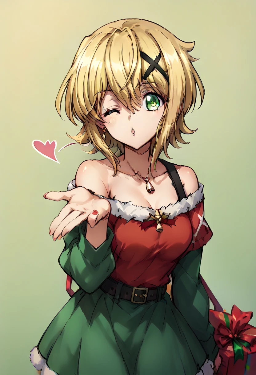 Akatsuki Kirika,blowing kiss, wink,christmas costume,simple green&red christmas costume,Off-Shoulder,dress,standing 