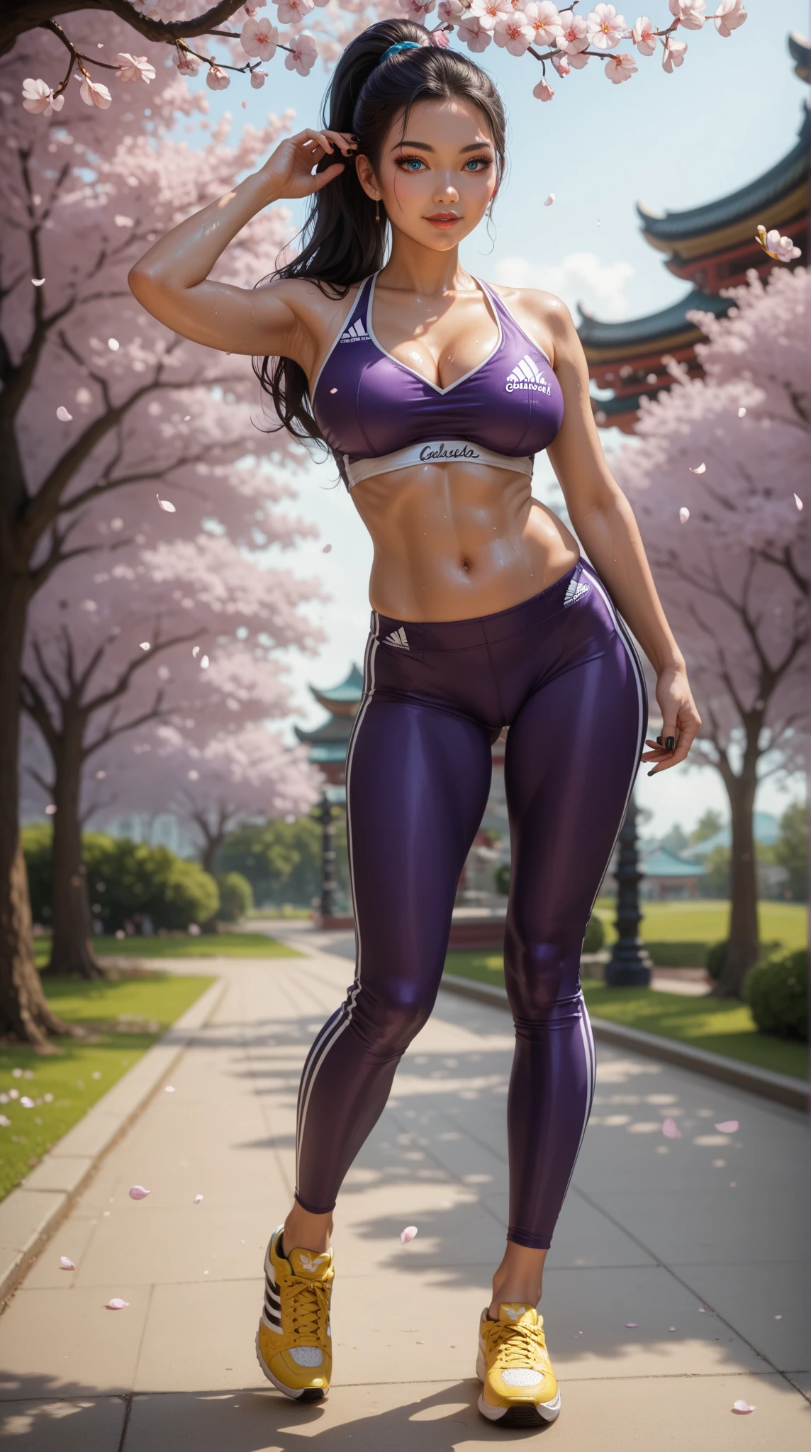  master works， Best Graphics ，Higher quality， high detail ，超高分辨率， Disney style oriental beauty ，Exquisite and delicate animated girl ， A Purple Sport Wear Top ， Purple Sports Pants ， Yellow Adidas Jogging Shoes ，Exquisite beautiful background ， Bold Character Design ， Realistic Character Impression ，Wonderful ， Interactive Single Item Style ， Exquisite Brand Style ， walks in a park full of cherry blossoms ， Perfect lighting,  close up,   Aqua Blue Eyes , Tattoo,  Distinctive blue-black hair ，long hair，Straight Hair，Tied ponytail ，
 natural light,  Depth of writing boundaries ,  Browse Notes ,  Fine Hair ,  Elaborately drawn face ,  Delicate beauty , BEAUTIFUL CLAVICLE,  Slim and fit body ,  plump breasts ,
beautiful feet,  Beautiful Hands ,  See your audience ,  Face Focus, Highly delicate skin  ), 
 cute and symmetrical face ,  Young and slender face ,  perfect eyes , （（ Sweaty skin ））， black nails ，（ can clearly see the tanned lines），（sunburned skin ）、（（ oily skin ））、（steam）， Perfect Slim Body ，Big Breasts，Depth of Field，panoramic，Full body shot，