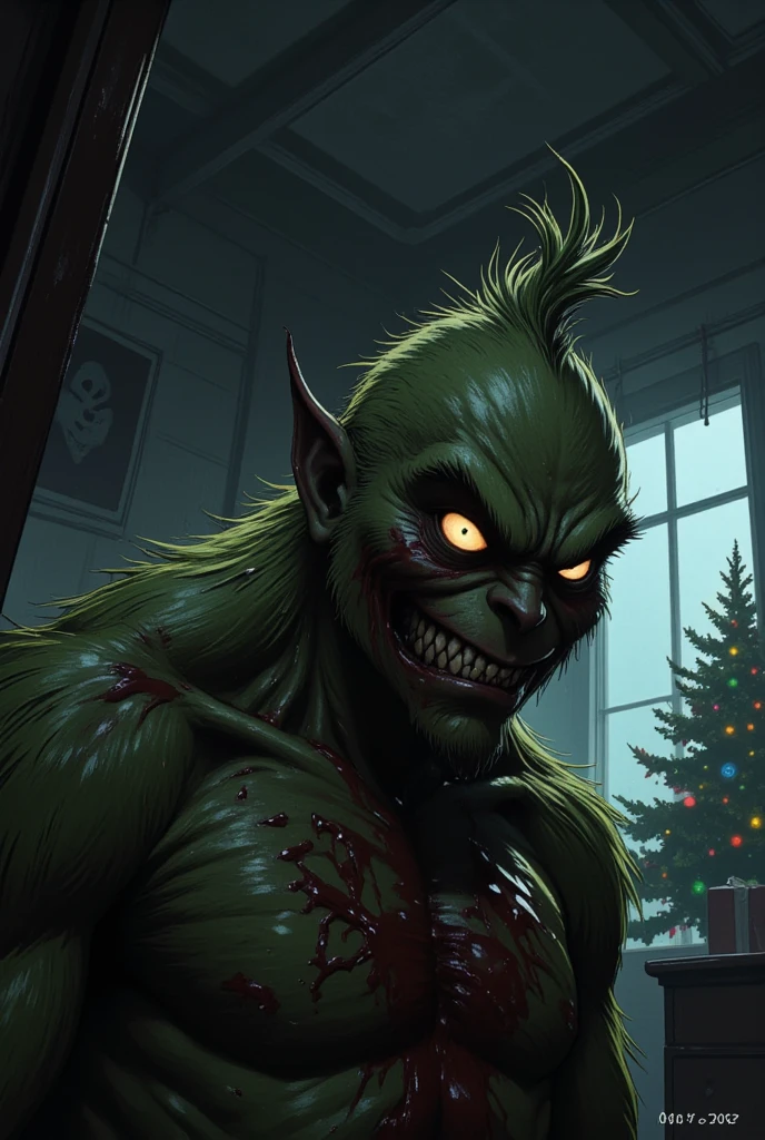 Generate a sinister and almost diabolical version of the Grinch, covered in blood. His expression should be dark and menacing, with glowing, intense eyes and a wicked, evil grin. The Grinch’s fur is a muted, dull green that blends into the shadows, emphasizing the ominous atmosphere. The environment should be dark and foreboding, with only faint light illuminating his twisted face. In the background, a Christmas tree is barely visible, its dim lights flickering, casting eerie shadows. The mood should be tense and unsettling, with a deep contrast between the dark surroundings and the faint, almost forgotten holiday elements