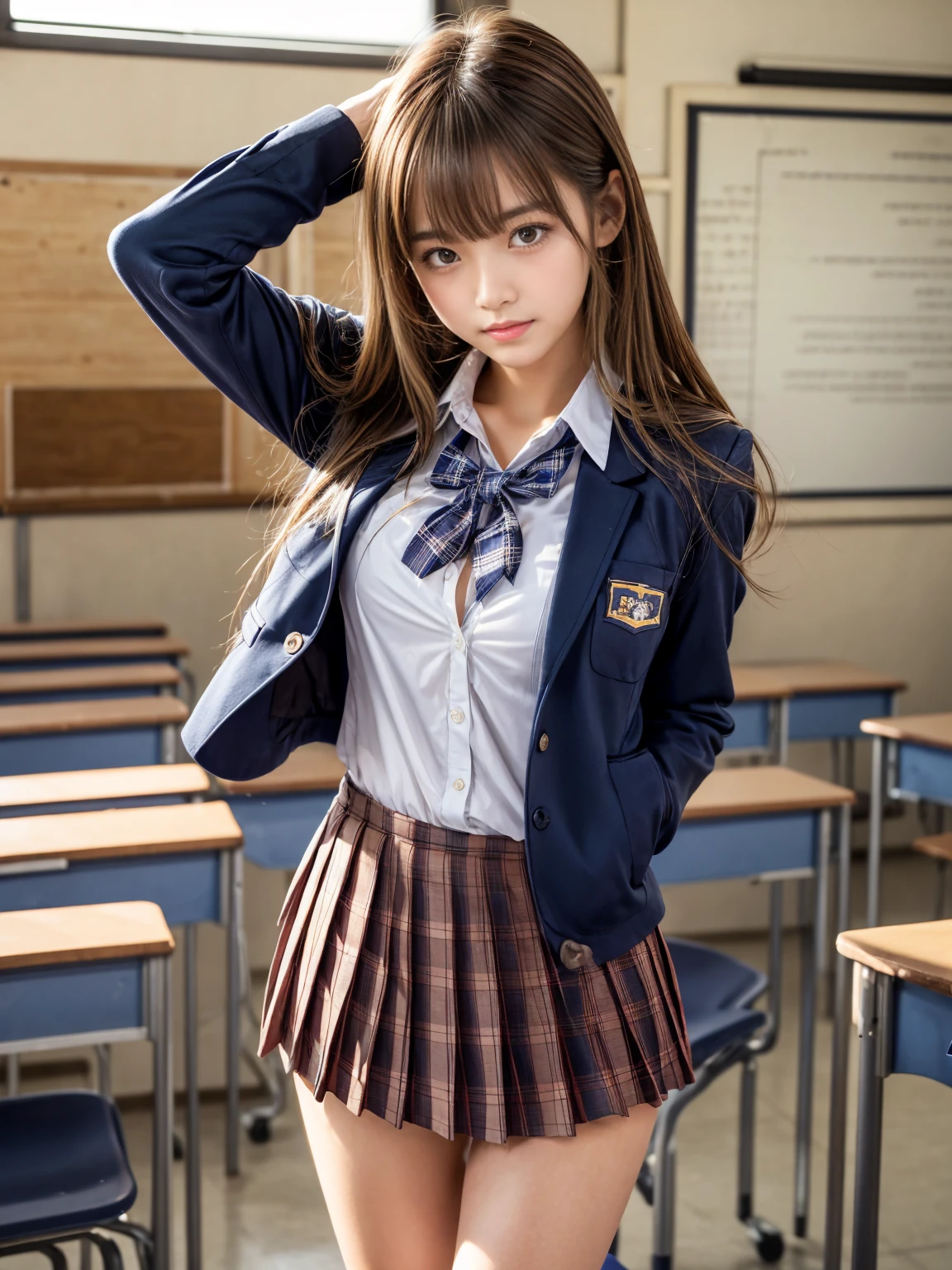 8K, highest quality, real image, intricate details, Super detailed, ultra high resolution, depth field,(realistic,realistic:1.2),table top , frontal shot , From the middle , 1 girl, eye_Chan, very beautiful 17 year old girl, innocent big eyes,、beautiful breasts:1.5、非常に詳細なeye:1.2)、(beautiful breasts:1.1)、wavy hair、curly hair、bangs、, perfect skin, Fair skin, huge breasts, He puts his left hand on his chest over his clothes.....、anxious look、tight waist, light blush, alone, looking at the viewer, ((School_uniform),(dark blue blazer), (white shirt、Wearing a tie), (gray pleated skirt), (sculpture installation :1.1), (huge hips:1.4), (thick thighs:1.4), (thick legs:1.4)