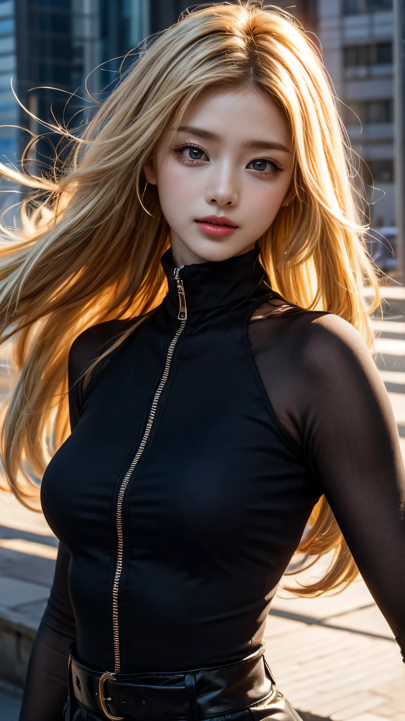 masterpiece, 8k,  Award-Winning Photos , photo realistic ,  realistic , Very  Details,  super high res, Ray Trakun, ///1 person, ( turtleneck),  knight , Blurred cityscape of South Korea,  most beautiful, 20 years old, ( sexy, Japanese Beauty), Look at me and smile , ( blonde hair :1.2,  cool disheveled hair ,  long wave hair:1.05), ///  Human Details Shiny Skin ,  colored contact lenses 、 Completely-valid, lipstick,  High Saturation Eye Shadow ,  details skin, Beautifully  Details face,  RAW photo, ( top quality ,  Details:1.3),  top quality , (Very  Details), Hyper  Details, (Delicate and  Details), (Complex Details), (Cinematic Light,  top quality  Backlights),  super high resの顔、 super high resの髪、 super high res sparkling eyes,  super high res glossy lips,  A beautiful face is drawn in every detail, Clear lines, from below, Alone,  soft Light,  mysterious in another dimension,  soft, Girls&#39; honest impressions, (whole body),  perfect body, huge breasts,  earrings for women with first name, ( sexy pose:1.2), (Bare Belly:1.3)