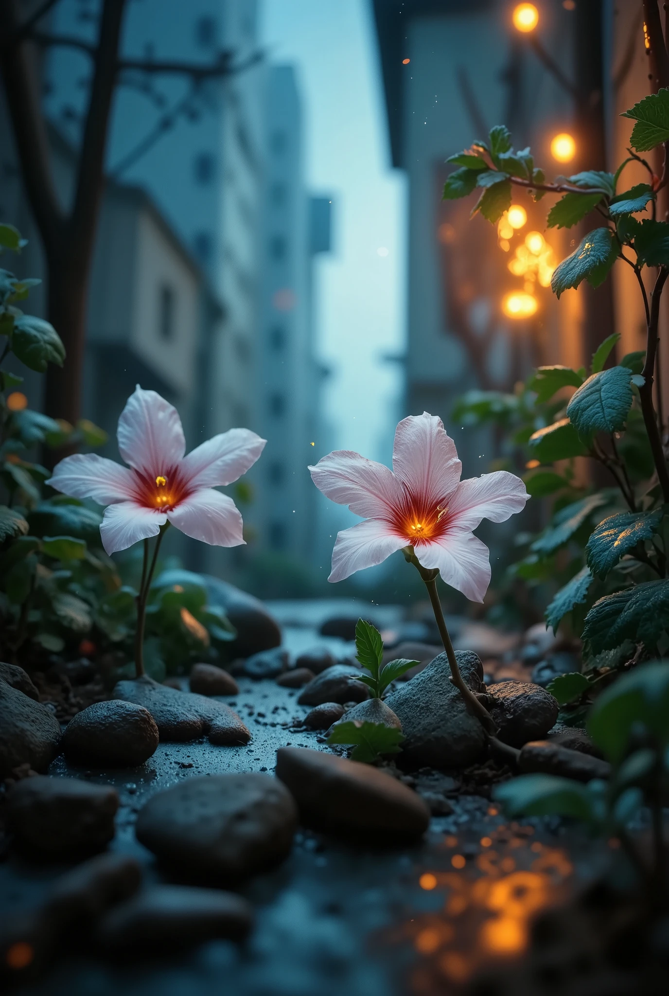 a 1flower in a concrete jungle with plants and flowers at night, cinematic, wlop, concept art, digital painting, trending on artstation, highly detailed, epic composition, official media, 8 k uhd.