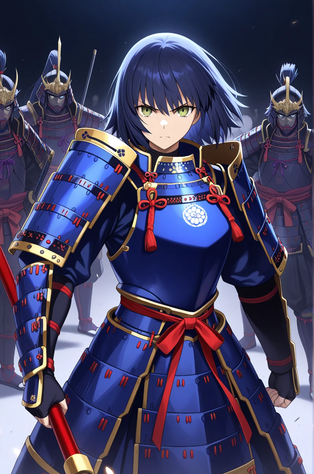  top quality ,  Masterpiece,  highest resolution， (Traditional Japanese Samurai Armor), (Lancer_Fate), （Above Ishigaki _background）， serious expression， dark blue_Hair Color，Blue Armor_ installer with electric drill ，Kufulin，4K, （Only one person）， standing alone ， holding a red spear，(whole body)， anime style ，  hyperdetail , ( intricate details ),