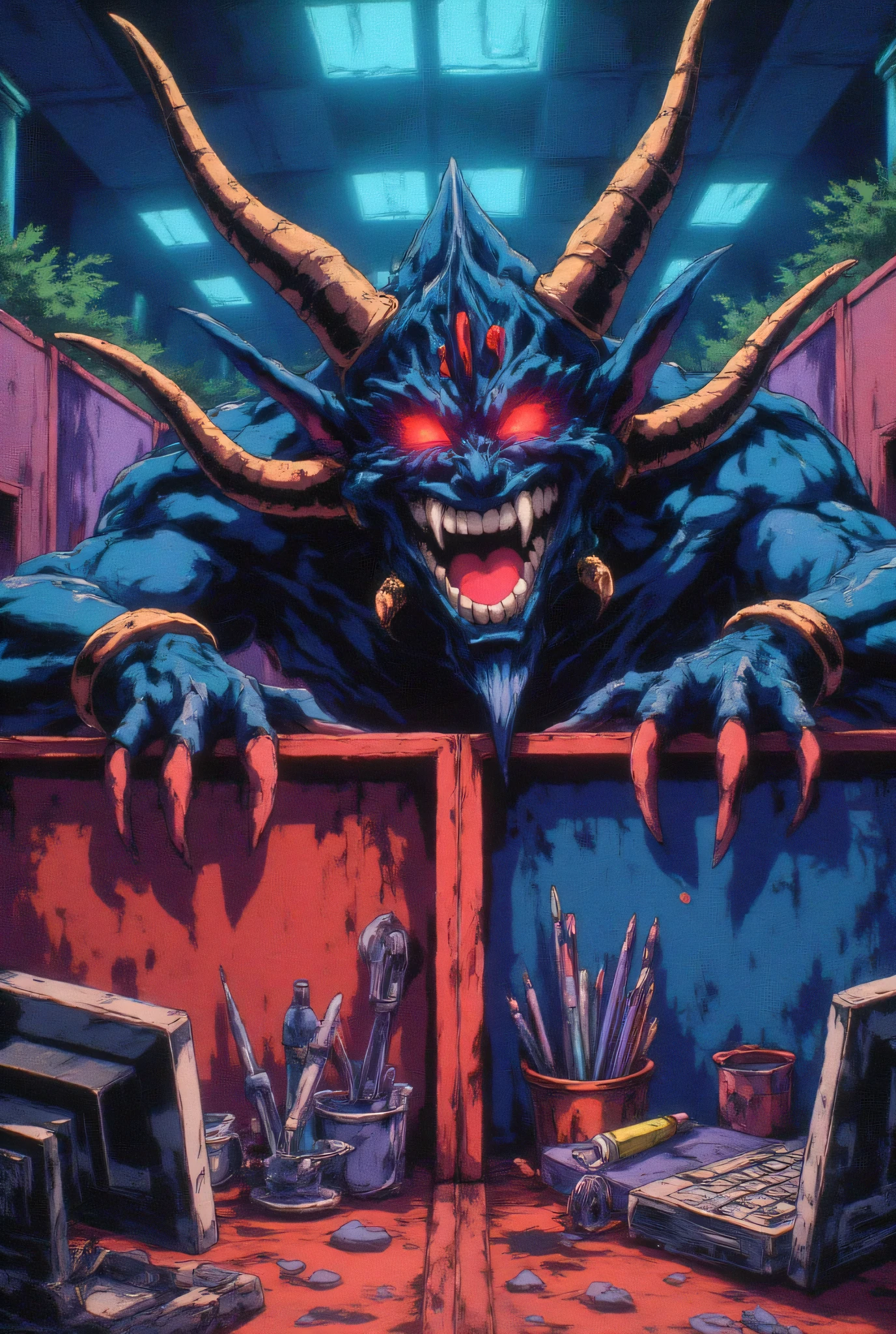 Krampus, depicted as a mischievous yet menacing cartoon character, peaking over a brightly colored office cubicle. The cubicle is filled with exaggerated office items like oversized pens and a quirky computer. The background shows other cubicles in vibrant colors with a humorous twist. Krampus has exaggerated features such as large horns, a long tongue, and a devilish grin, with glowing red eyes. Cartoon style, bold outlines, cel-shading, inspired by classic comic art and Saturday morning cartoons. Whimsical lighting, dynamic angles, clean and vivid color palette, 4K resolution.