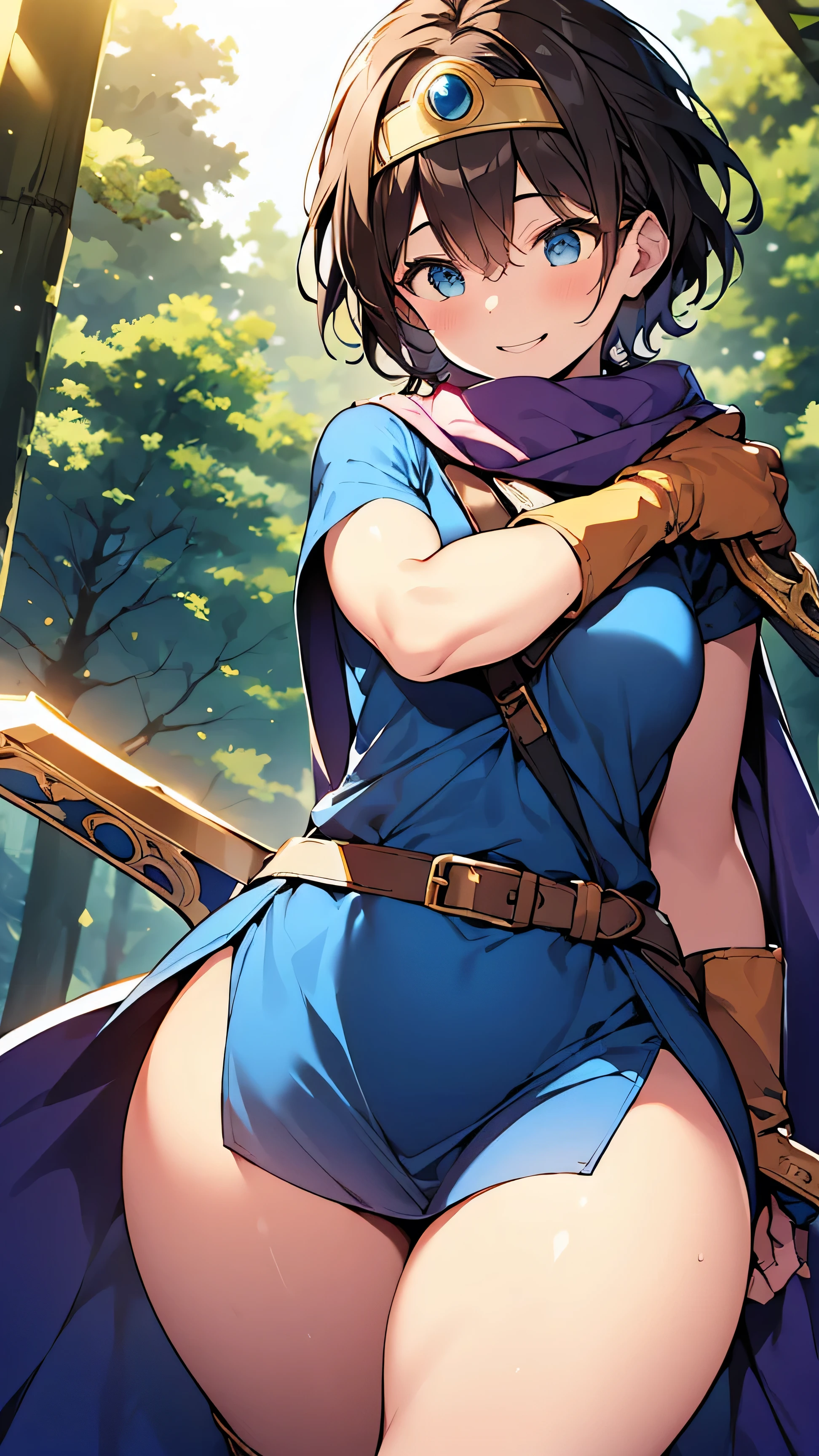 (masterpiece:1.1, Best Quality:1.1, 16K HDR:1.1, High resolution:1.1), (sheathed weapon on back:1.2), roto (DQ3), 1girl in, Solo, Short hair, Brown hair, circlet, hose, medium breasts, (blue dress:1.5), Purple Cape, (((thick thighs, looking away))), elbow groves, long boots, Belt bag, scabbard,, knee boots, (In an deep forest near lake:1.1), happy smile, view from below, cowboy shot