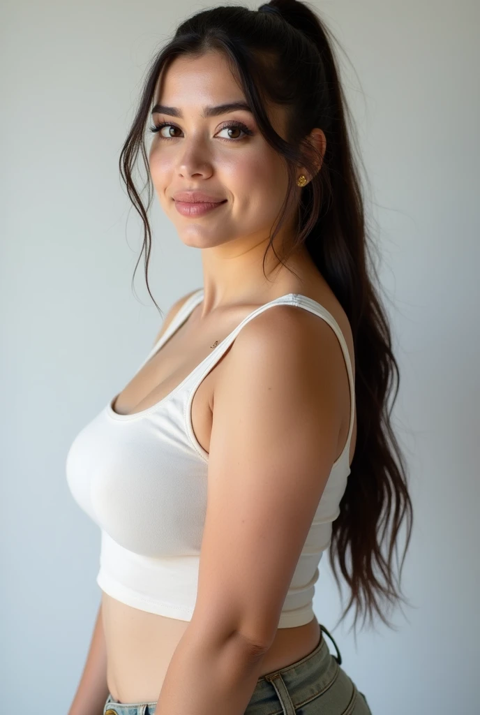 Beautiful American brunette woman with smooth hair in a black top, pose pour un selfie, beautiful and attractive smile, beau visage slave, femme de 25 ans, belles mains, detailed hair