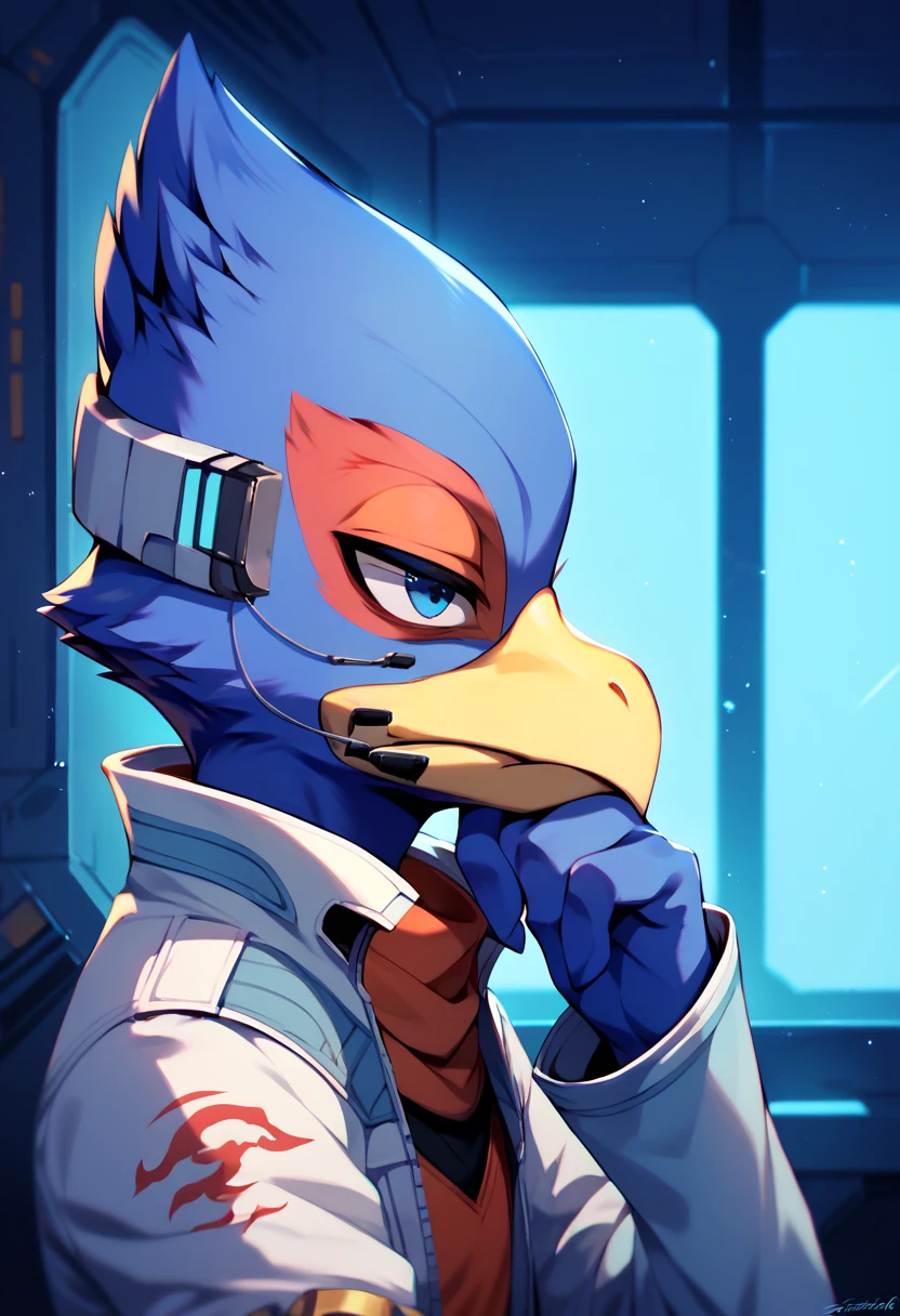 score_9, score_8_up, score_7_up, score_6_up, 1boy, solo, Falco lombardi, inside blue spaceship, nsfw, high resolution, detailed face, high resolution, light blue eyes, from side, bored, jitome,