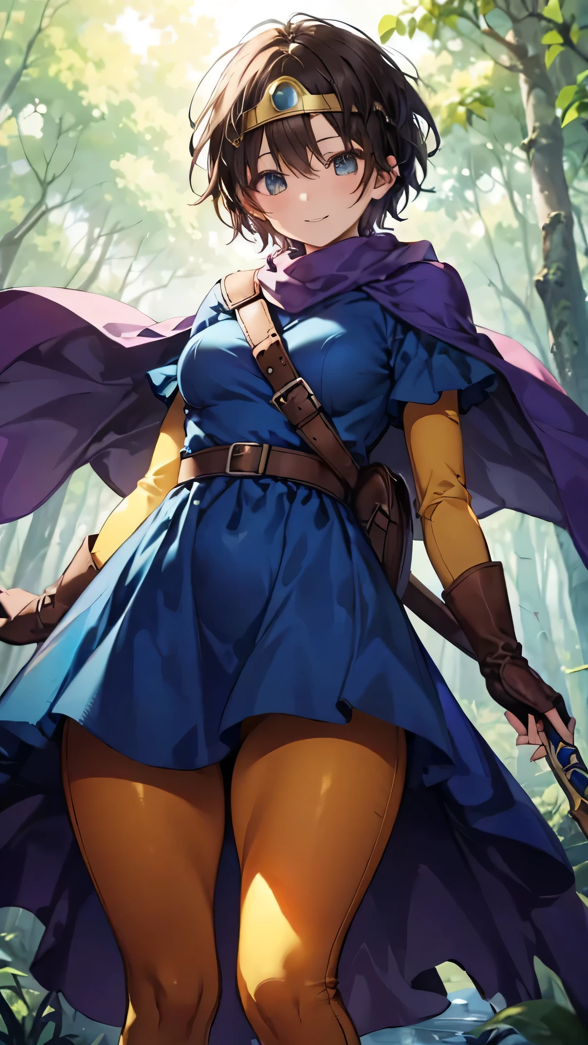(masterpiece:1.1, Best Quality:1.1, 16K HDR:1.1, High resolution:1.1), (sheathed weapon on back:1.2), roto (DQ3), 1girl in, Solo, Short hair, Brown hair, circlet, medium breasts, (blue dress:1.5), Purple Cape, ((thick thighs, leggings)), elbow groves, leggings, Belt bag, scabbard,, knee boots, (In an deep forest near lake:1.1), happy smile, view from below, upper shin shot