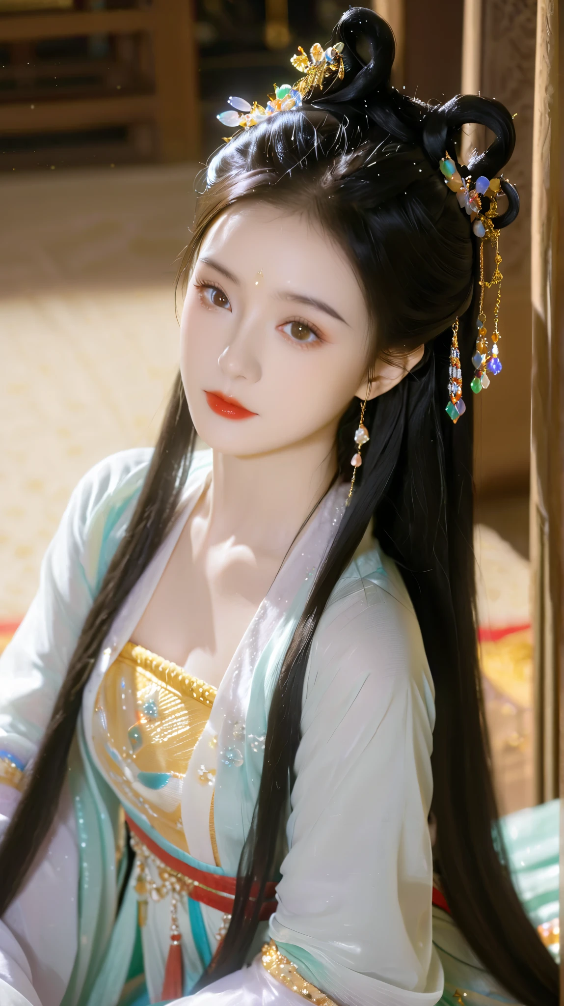  Best Quality  at best, 超高分辨率, ((( 1 girl))),(Long black hair), Game Fairy, Old Palace , Hanfu, ,  Elegant Light Yarn , jewelry, (focus), ((( colorful))), particle effects , masterpiece,  Best Quality  at best, Beautiful painting, meticulous,   Very detailed  , (masterpiece,  Best Quality  at best）  CG Uniform 8K Wallpaper，masterpiece， Best Quality ， super detailed）,  Ultra HD，Clear face