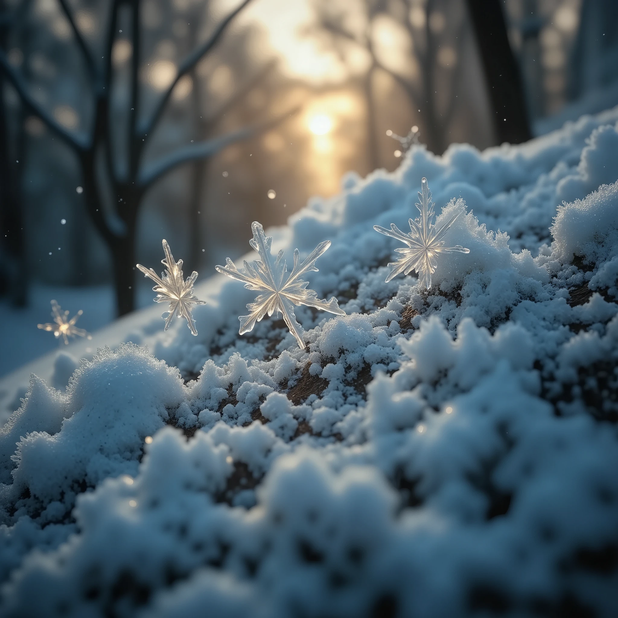 Create a realistic macro photography art of delicate snowflakes, capturing their intricate crystalline structures in stunning detail. The snowflakes appear suspended in the air, with each flake showcasing its unique geometry and sharp, symmetrical patterns. The focus is razor-sharp on the foreground snowflakes, revealing their fine, icy textures, while the background gradually fades into a soft, blurred bokeh of cool tones—soft blues, whites, and silvers—evoking a cold, wintry atmosphere. Subtle light refractions highlight the edges of the snowflakes, creating a faint glow and sparkle that enhances their ethereal beauty. Tiny ice particles and soft condensation surround the flakes, adding to the sense of realism. The composition balances crisp foreground details with a dreamy, frosted backdrop, emphasizing the fragility and elegance of each snowflake. Focus on hyper-realistic details: the icy transparency, delicate ridges, and faint reflective qualities of the snowflakes, all while maintaining a soft, wintry aesthetic in the background. The image should feel serene, intricate, and lifelike, capturing the hidden artistry of nature in a mesmerizing macro perspective.