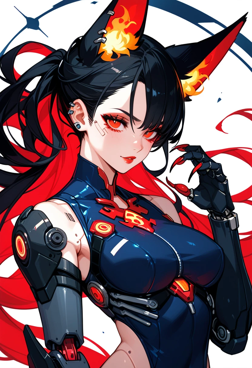 A hyper-detailed, cyberpunk-style humanoid character. The upper body is covered in a sleek black armored suit with glowing blue accents and intricate futuristic patterns. The character has sharp cat-like ears integrated into her armor design, and long, wild black hair flowing dramatically behind her. Her crimson-red, piercing eyes give a fierce and focused expression. She has elongated, sharp claws on her hands, with faint flames glowing around her fingertips, adding an intense and powerful aura. The suit features high-tech glowing joints and cybernetic details, seamlessly blending technology and design. The clean white background enhances every detail of her outfit and expression, creating a dynamic, sci-fi anime aesthetic portrait focused on the upper body.
