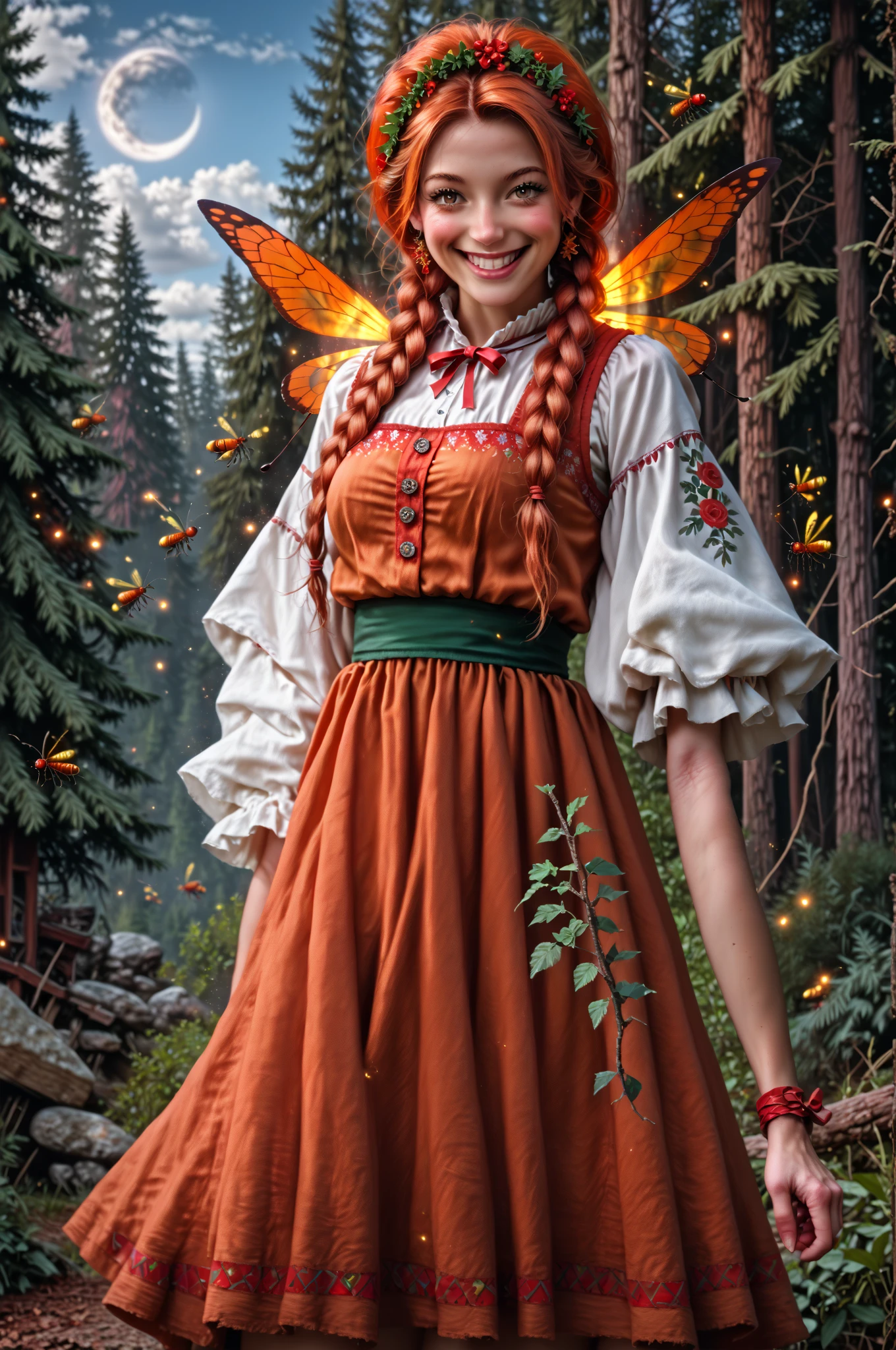 ( extremely detailed : 1.5), ИДЕАЛЬНЫЙ РЕНДЕР OCTANE UNREAL ENGINE5 GLOSSING GLOWING BLIKS глянцевая сцена,
 Girl in Russian national costume .  Redhead with two braids .  Long ultra-smooth shiny hair, ribbons, bows, knee-length ,   facing the viewer , (((smile))), русский sundress,   Standing and looking at the camera  . on knees,   long braid  ,   thick braid on shoulder  ,   braid with ribbon  ,  Kokoshnik , (((в зелёном словянском sundressе))),   Slavic national clothes ,  ((( Kokoshnik ))), sundress, Embroidery, monists ,   in an embroidered shirt .
the forest,  christmas trees , сосновые trees, Ale, thickets, flowers, branches , Baba Yaga, (((Slavic fantasy))), Wooden architecture .
  Many elements and details . 
Terrain:
Spruce forest,  christmas trees , thickets, Ale, fly agarics , twilight, ( wandering lights1  .5), the forest, the forestная поляна, stones, Bushes, flowers, branches , leaves, (trees1 .5), grass, Mushrooms, Shine, magic,  Particles of light, ((( fireflies1  .5))), Shimmering,   on the horizon moon , clouds,  starry sky on socks , Mountains, the forest, trees, Hut.
(((  Detailed background1 .5))) ( top quality , 8 k,  high resolution,  masterpiece fails:1.2),  ultradetailed , ( realistic, photo realistic, photo,  realistic:1.37), HDR,  studio lighting ,  sharp focus ,  physical-based visualization,  extremely detailed description ,  professional, bright colors, hips, perfect pose,  perfect anatomy , perfect hands.  PERFECT HAIR WITH SILK SHINE .
