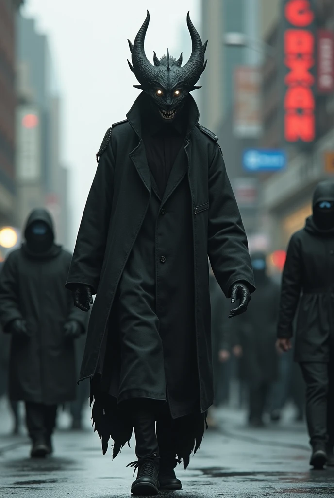 Scared female hairy werewolf, walks alone among people, wearing his black robe hiding from the rain and lightning.
