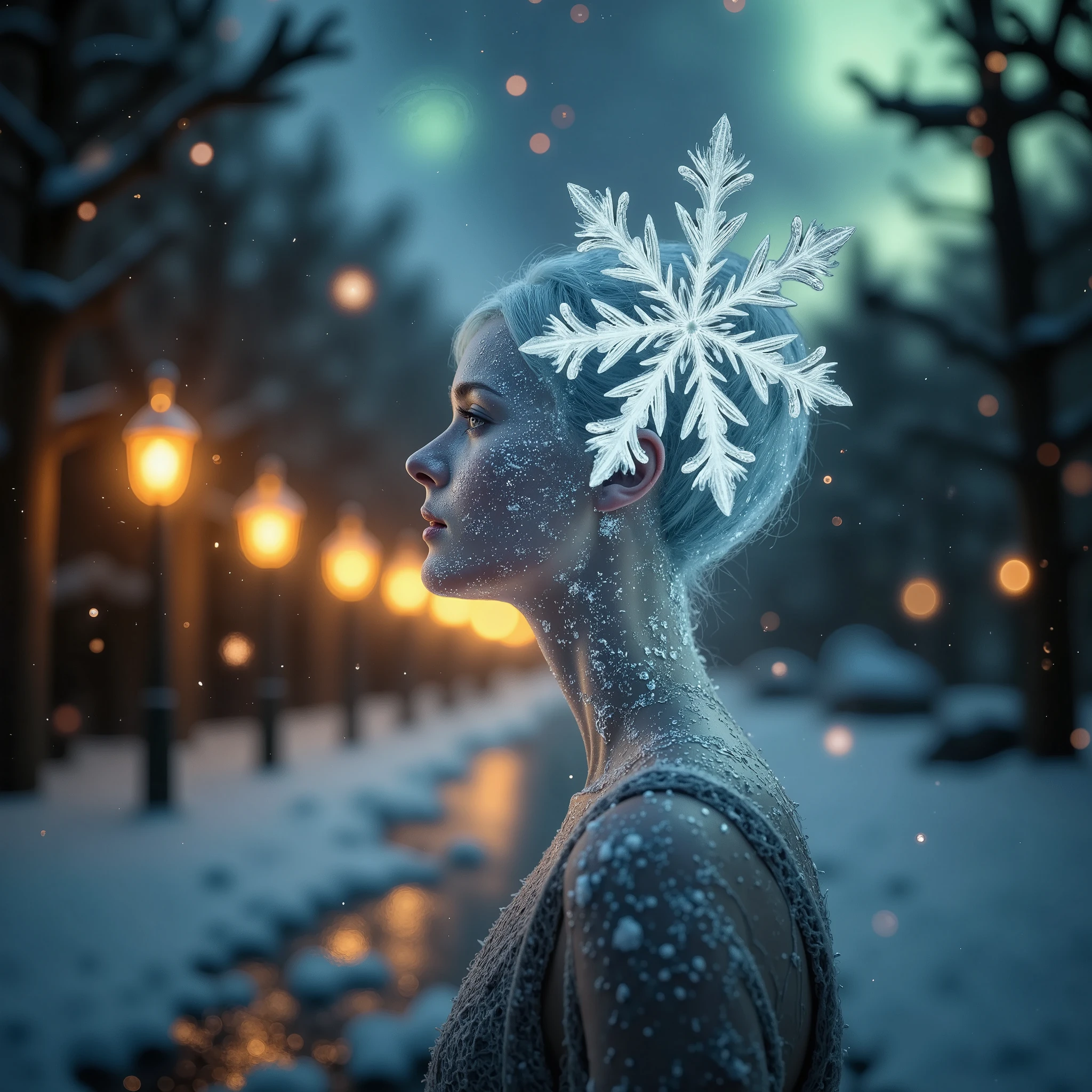 ((Masterpiece in maximum 16K resolution):1.6), ((soft_color_photography):1.5), ((Ultra-Detailed):1.4), ((Movie-like still images and dynamic angles):1.3) | (double contact:1.3), Beautiful glowing snowflake silhouette effect, Superimposed on Pretty Female《snowy winter field under an aurora sky》Agnes Cecile, Jeremy Mann, Oil and ink on canvas, fine art, super dramatic light, photoillustration, amazing depth, the ultra-detailed, iridescent icy blue and emerald green, shimmering auroras dancing in the background, superfluous dreams, intricately detailed, amazing depth, Amazing atmosphere, Mesmerizing whimsical vibrant winter landscapes, Maximalism (beautiful outside, cold yet enchanting inside, joy and frost, warmth and mystery, beauty and wonder, stillness and movement, positive and negative, ice and fire, serene yet exhilarating, Vibrant yet tranquil, Perfect harmony, light and shadows, frost and glow, old and young, silence and auroras, Yin and yang, black and white, frost and warmth, organic and ethereal, Corresponding color, quiet yet powerful, Chaos and peace, night and stars:1.2). The complex masterpiece of a real-time engineering leader. | Rendered in ultra-high definition with UHD and retina quality, this masterpiece ensures anatomical correctness and textured skin with super detail. The snowy field is bordered by a magical mistletoe forest adorned with frost-kissed berries and glimmering lights, while soft snow blankets the ground. In the distance, the sky glows with vivid auroras in shades of green, blue, and purple, casting an enchanting light over the field. This award-winning portrayal captures every nuance in stunning 16k resolution, immersing viewers in a breathtaking winter wonderland. | ((perfect_composition, perfect_design, perfect_layout, perfect_detail, ultra_detailed)), ((enhance_all, fix_everything)), More Detail, Enhance.
