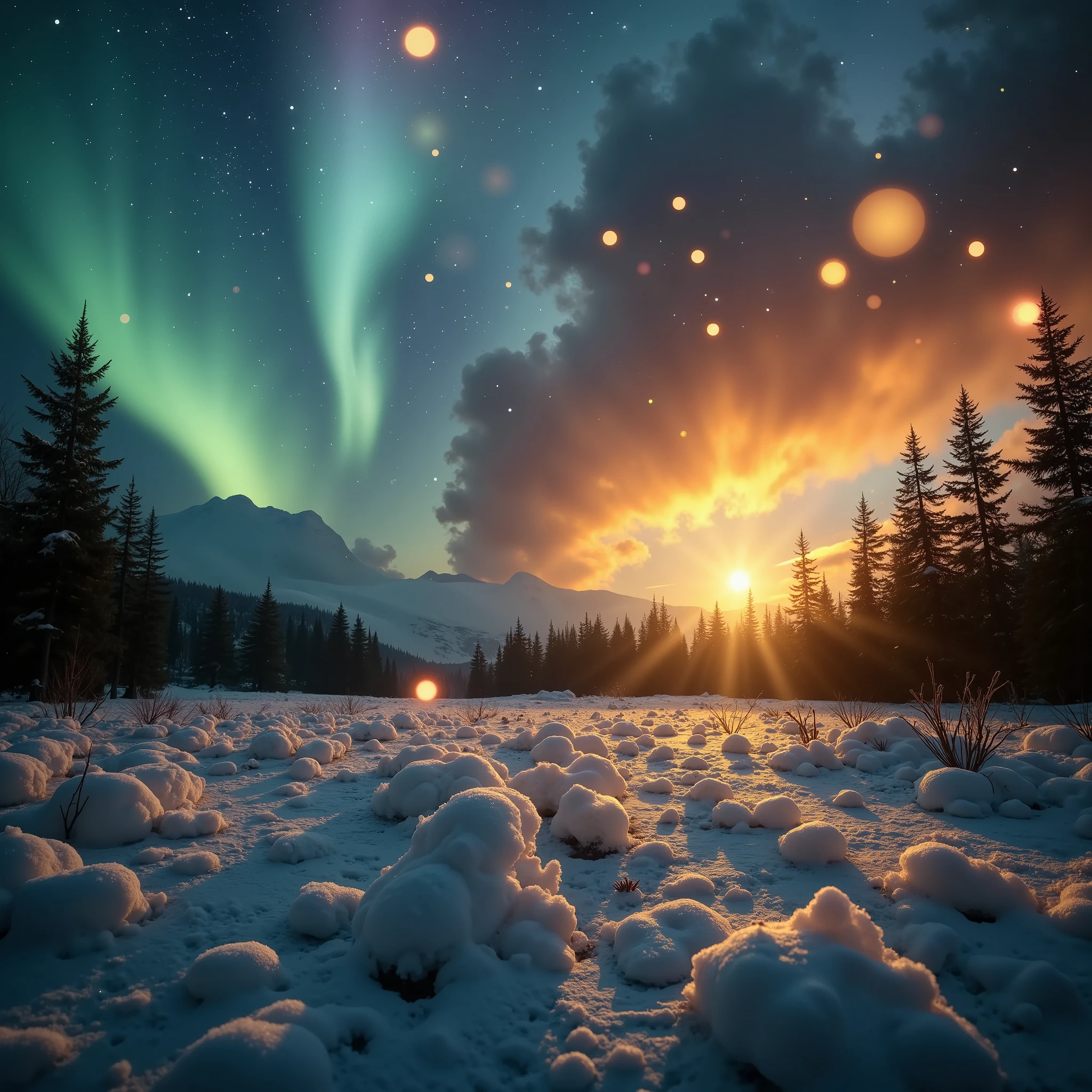 ((Masterpiece in maximum 16K resolution):1.6), ((soft_color_photography):1.5), ((Ultra-Detailed):1.4), ((Movie-like still images and dynamic angles):1.3) | (double contact:1.3), Beautiful glowing snowflake silhouette effect, Superimposed on Pretty Female《snowy winter field under an aurora sky》Agnes Cecile, Jeremy Mann, Oil and ink on canvas, fine art, super dramatic light, photoillustration, amazing depth, the ultra-detailed, iridescent icy blue and emerald green, shimmering auroras dancing in the background, superfluous dreams, intricately detailed, amazing depth, Amazing atmosphere, Mesmerizing whimsical vibrant winter landscapes, Maximalism (beautiful outside, cold yet enchanting inside, joy and frost, warmth and mystery, beauty and wonder, stillness and movement, positive and negative, ice and fire, serene yet exhilarating, Vibrant yet tranquil, Perfect harmony, light and shadows, frost and glow, old and young, silence and auroras, Yin and yang, black and white, frost and warmth, organic and ethereal, Corresponding color, quiet yet powerful, Chaos and peace, night and stars:1.2). The complex masterpiece of a real-time engineering leader. | Rendered in ultra-high definition with UHD and retina quality, this masterpiece ensures anatomical correctness and textured skin with super detail. The snowy field is bordered by a magical mistletoe forest adorned with frost-kissed berries and glimmering lights, while soft snow blankets the ground. In the distance, the sky glows with vivid auroras in shades of green, blue, and purple, casting an enchanting light over the field. This award-winning portrayal captures every nuance in stunning 16k resolution, immersing viewers in a breathtaking winter wonderland. | ((perfect_composition, perfect_design, perfect_layout, perfect_detail, ultra_detailed)), ((enhance_all, fix_everything)), More Detail, Enhance.
