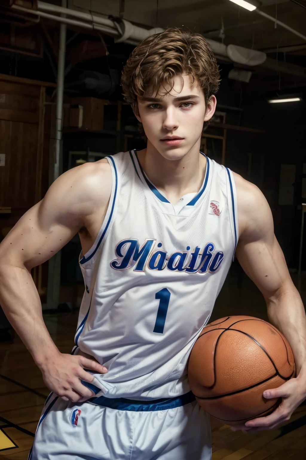 ((best quality)), ((masterpiece)), (detailed), A 17-year-old looking boy, fair skin , wavy brown hair , athletic and masculine physique , basketball player