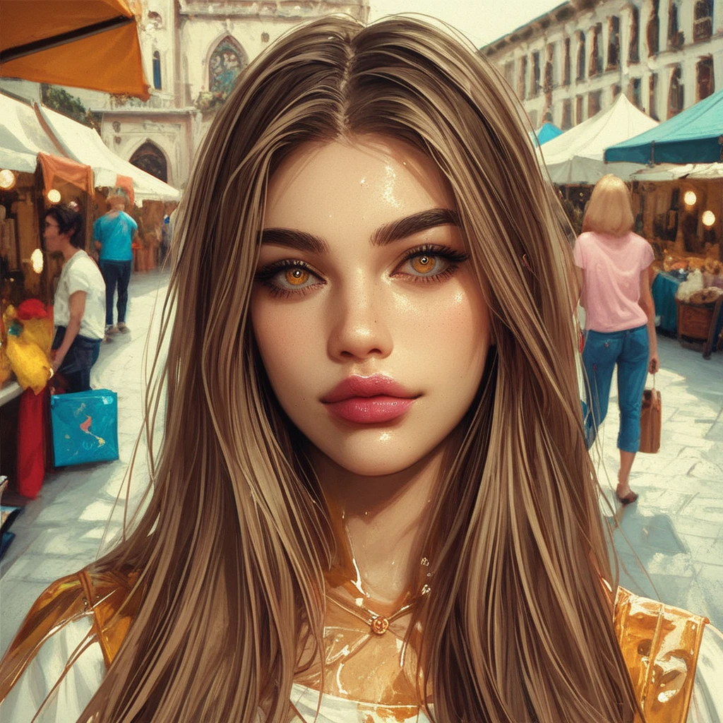 light brown hair, long straight hair, honey eyes, straight eyebrows, pink lips, country chic, campestre clothes, best quality, 1girl, portrait, face, friendly expression, add in the background a pueblo mexicano, Aesthetic photography. photo with noise. oil painting style. Change the background to a colorful market square