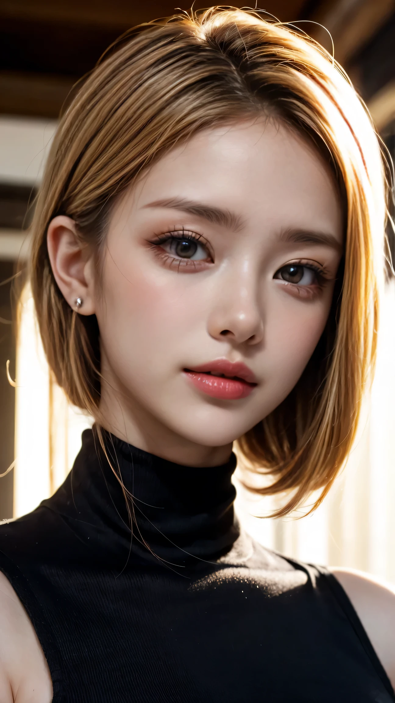 masterpiece, 8k,  Award-Winning Photos , photo realistic ,  realistic , Very  Details,  super high res, Ray Trakun, ///1 person, ( sleeveless turtleneck ),  knight , Blurred cityscape of South Korea,  most beautiful, 20 years old, ( sexy, Japanese Beauty), Look at me and smile , ( blonde hair :1.2,  cool disheveled hair ,  long wave hair:1.05), ///  Human Details Shiny Skin ,  colored contact lenses 、 Completely-valid, lipstick,  High Saturation Eye Shadow ,  details skin, Beautifully  Details face,  RAW photo, ( top quality ,  Details:1.3),  top quality , (Very  Details), Hyper  Details, (Delicate and  Details), (Complex Details), (Cinematic Light,  top quality  Backlights),  super high resの顔、 super high resの髪、 super high res sparkling eyes,  super high res glossy lips,  A beautiful face is drawn in every detail, Clear lines, from below, Alone,  soft Light,  mysterious in another dimension,  soft, Girls&#39; honest impressions, (whole body),  perfect body, huge breasts,  earrings for women with first name, ( sexy pose:1.2), (Bare Belly:1.3)