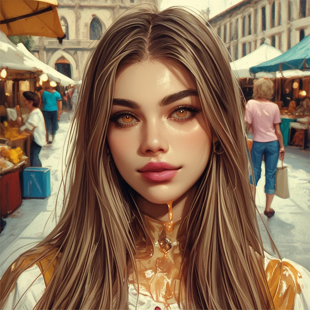 light brown hair, long straight hair, honey eyes, straight eyebrows, pink lips, country chic, campestre clothes, best quality, 1girl, portrait, face, friendly expression, add in the background a pueblo mexicano, Aesthetic photography. photo with noise. oil painting style. Change the background to a colorful market square