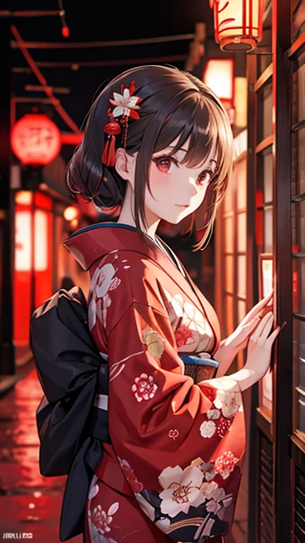 extremely detailed CG unity 8k wallpaper, girl in he 30s, perfect facial features, huge breast,realistic, hand by Guido Daniele, wearing kimono_clothes, view from behind, bare back, sakuramon, wreath,lace-trimmed kimono, stone brick road, wet road, clogs, two toe socks