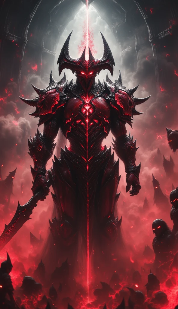 Full Body Mechanized Image of an Adult Male Holy Knight Commander Attached by Demons。His muscular robotic body ，WEARING EVIL BLACK AND RED HOLY KNIGHT ARMOR， has dark red glowing eyes and red-black mechanical wings。 He boldly stands inside a mysterious black and red mechanical church ， surrounded by countless cavalry soldier followers 。 composition underlines his majestic presence ， Eye-catching lights and dramatic shadows accentuate his armor and the church's strange atmosphere。The dark red light in his eyes symbolizes and falls 。 This setting is a cyberpunk-inspired futurist mechanism ，Without a cape 。 Bold composition captures the grandiose and sinister energy of the scene 。