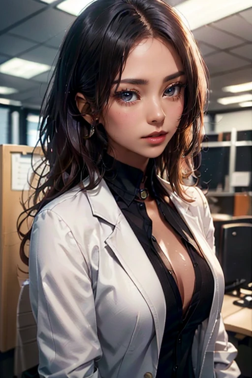 (8k, RAW photos, top quality, masterpiece: 1.2), (realistic, photorealistic: 1.37), (High Quality), (Ultra realistic), (High Details), (Face detail), (Shadow Detail), ((gigantic huge bresat : 1.5)), solo, 1 girl, black hair, ponytail, light blue hair, make-up, eyeliner, eyeshadow, red lips, angry, white and black shirt, office