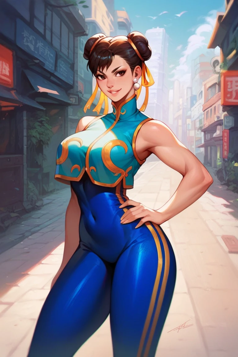 score_9, score_8_up, score_7_up, score_6_up, source_cartoon, BREAK masterpiece. CHUNLIAL, brown eyes, double bun, yellow ribbon, blue bodysuit, crop top, sleeveless, breasts, hand on own hip, street, cityscape, alleyway, smile, parted lips,