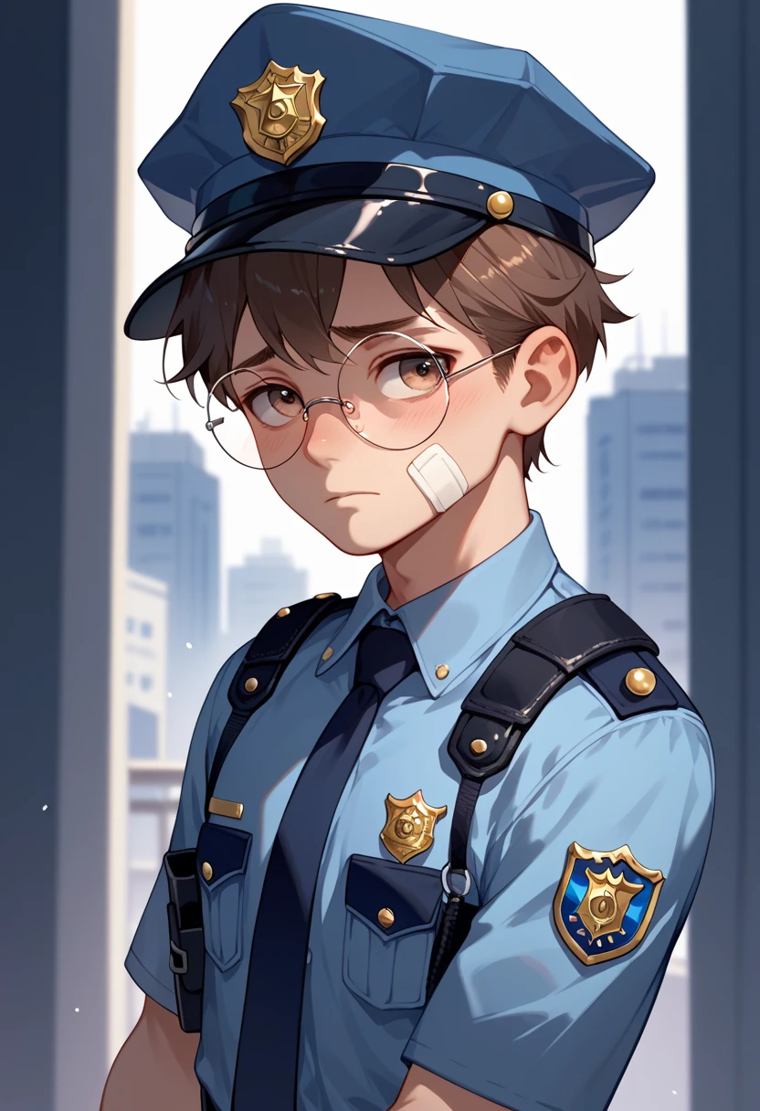 Turn angle 45 degrees, police man, A 25-yr young man, thin, slim, slender, cute, brown hair, round glasses, bandage on face, police officer uniform, shy expression, in the city