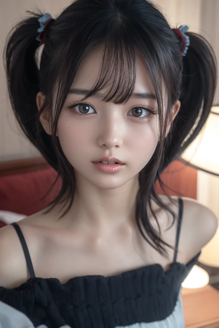 girl, cute, , black hair, twin tails, clear skin, small bust, blush, tits