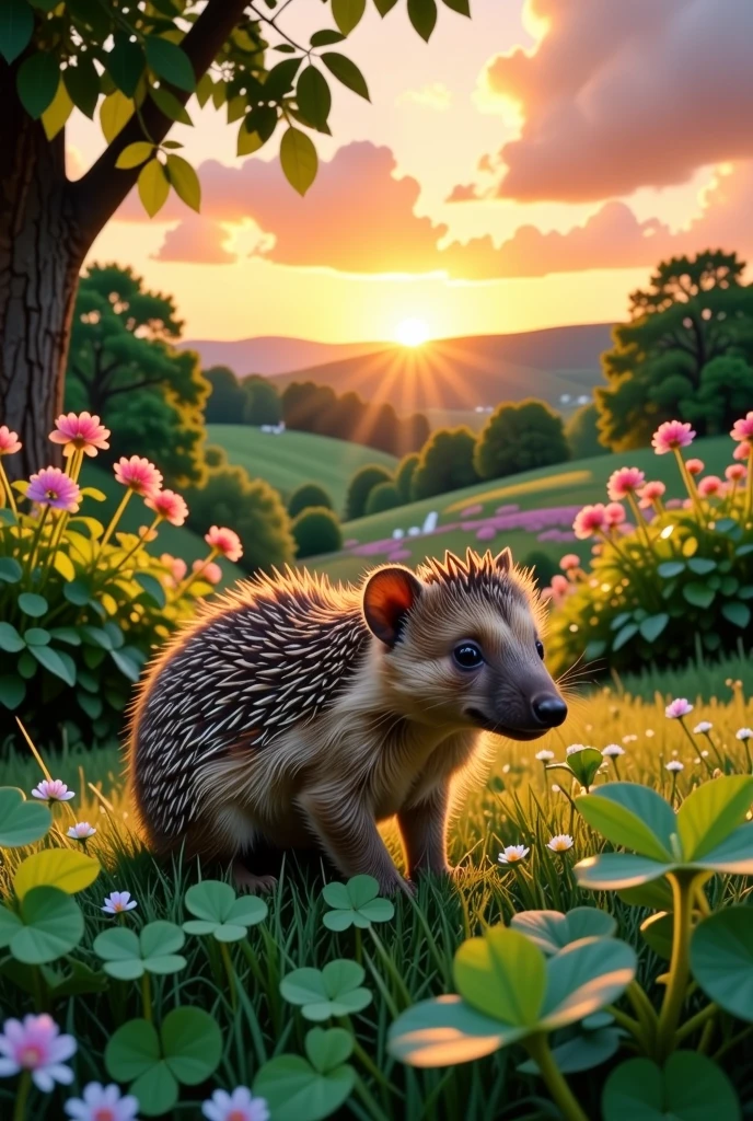 hedgehog garden clover sunset　