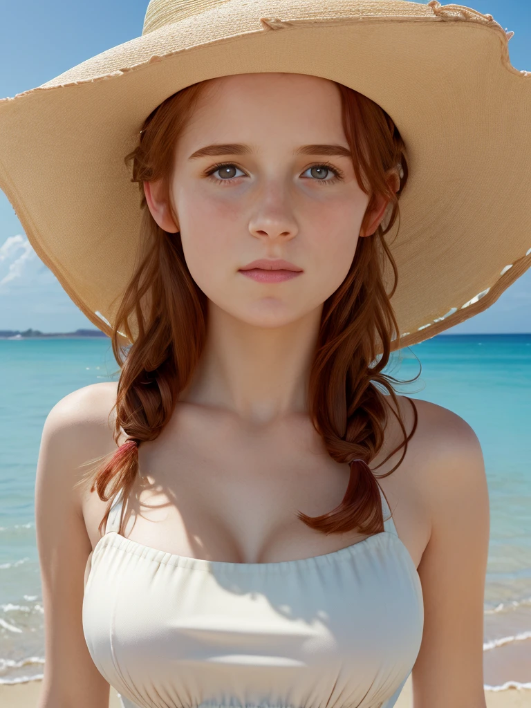 (best quality), high resolution,Asuka Langley Soryu, Beautiful Pretty Mixed German Babe, (Beautiful face), sexy lips, Auburn Twin Tails Ribbon Hairs, intense gaze, dark blue detailed beautiful eyes, (sunny beach), combine realism and anime influence, sunglasses, yellow sunny dress, selfie, plain faces, shadow on face, freckles