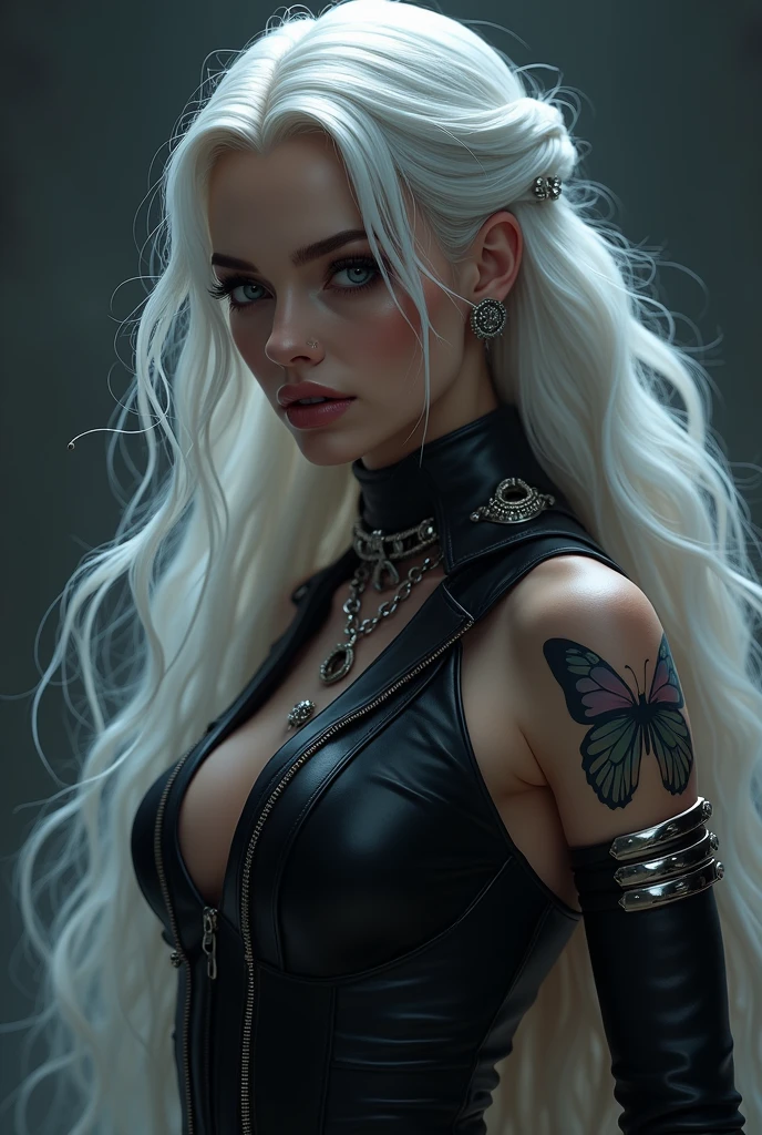 deep white hair, huge breast, bdsm, smile, tattoo