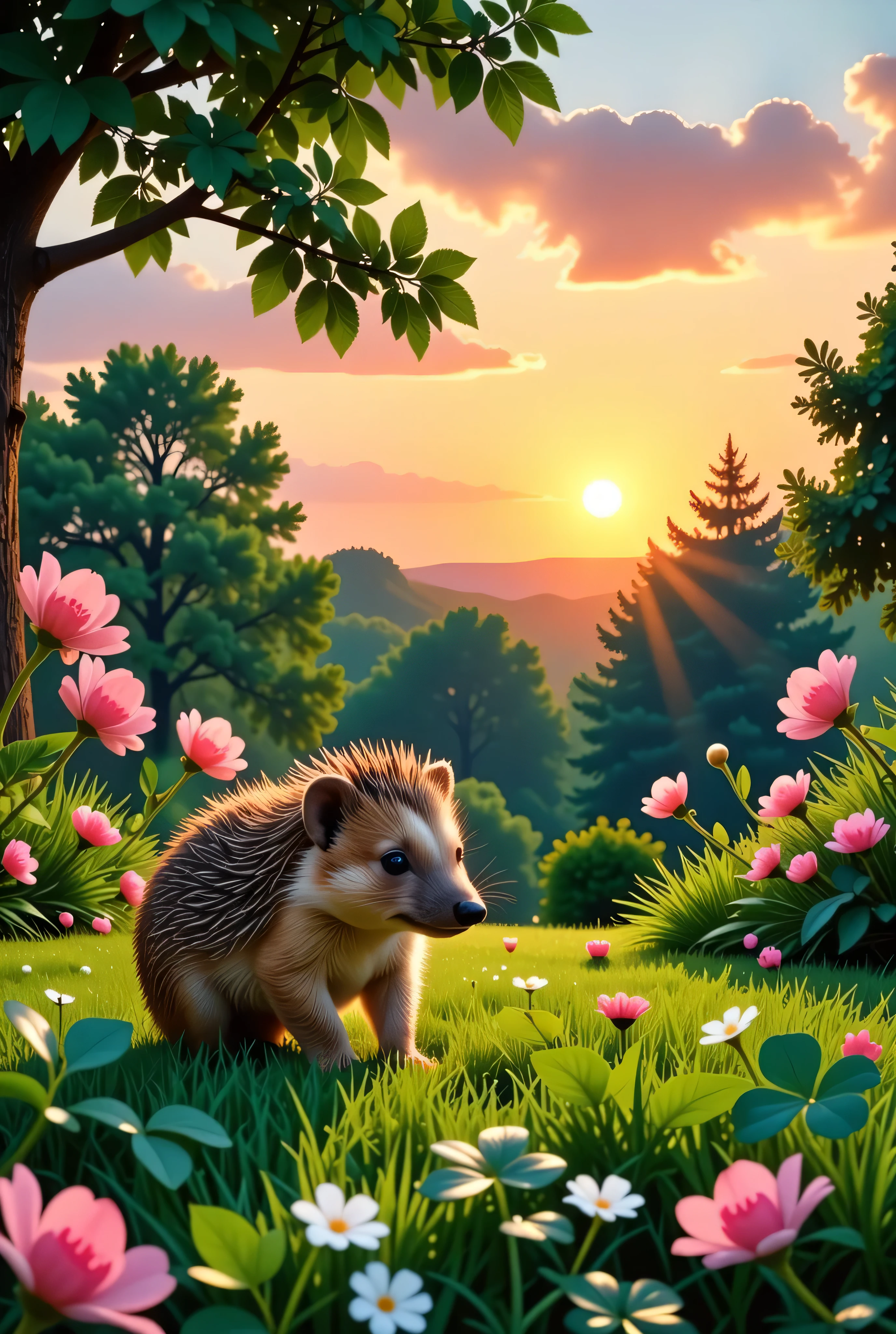 hedgehog garden clover sunset　