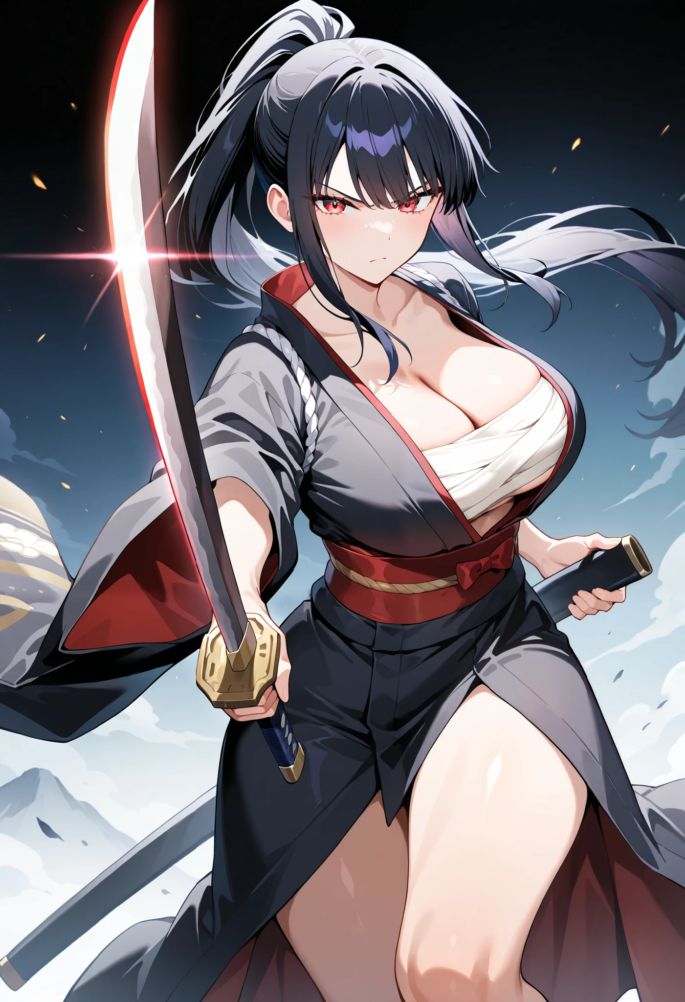 1girl, samurai. An illustration of a girl with long black hair and red eyes. She is wearing a black kimono and a sarashi. She slashed the robber with a katana. sensitive, black hair, ponytail, red eyes, kimono, sarashi, large breasts, cleavage, holding sword, katana, incoming attack, glaring, serious, masterpiece, best quality, very aesthetic, absurdres