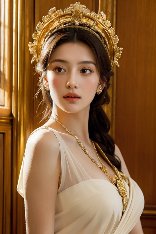 A young woman Goddess Athena with porcelain-like skin and a serene, contemplative expression, evoking the style of classical portrait paintings. She is adorned with an elaborate headdress made of fabric, possibly silk, with rich patterns and textures. Multiple strands of pearls around her neck enhance her noble or aristocratic portrayal. The intricacy of the attire is complemented by soft lighting.