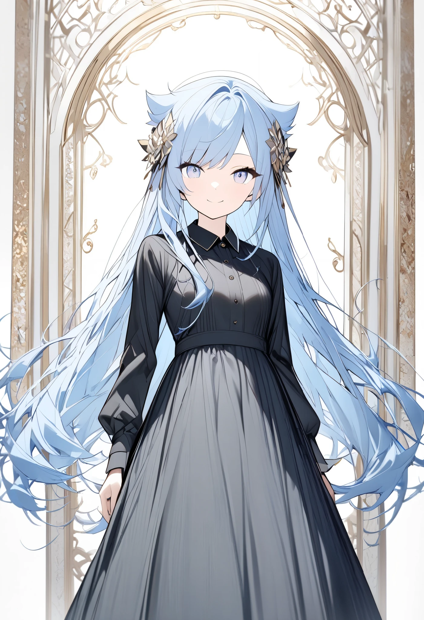 {{masterpiece、 Attention to Details }}、((White background,eye level shot、whole body、full body , looking at me))、18 years old、 One girl 、(black collared long sleeve dress、 long skirt)、Silver Eyes、smile、 long light blue hair、Long hair、hair flaps、swept bangs、 hair ornament、 Black Knee Socks 、