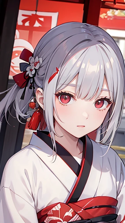 woman　kimono　shrine　Gray Hair　Red Eye