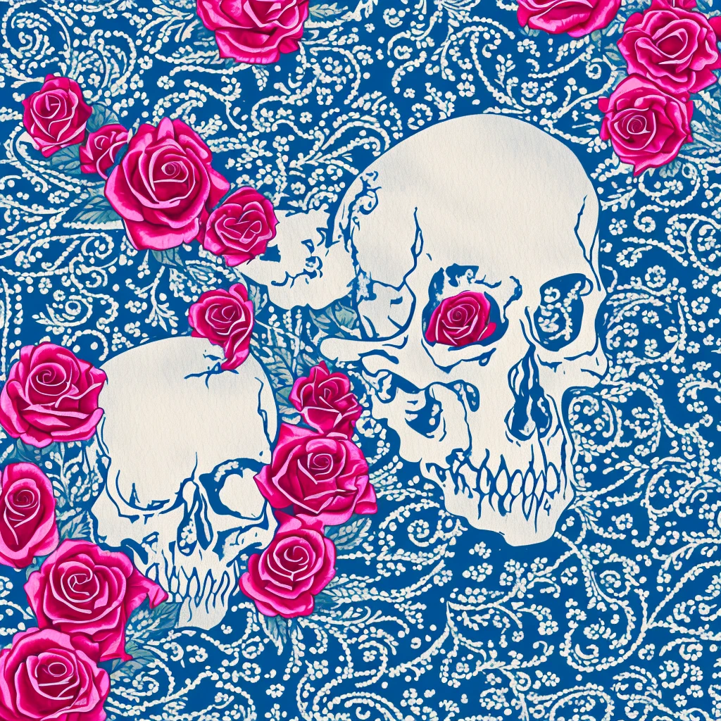 skull with crown in a cold storm with roses winter in Japanese waves