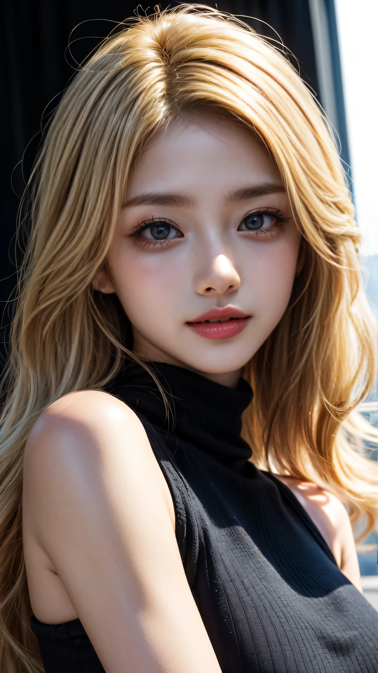 masterpiece, 8k,  Award-Winning Photos , photo realistic ,  realistic , Very  Details,  super high res, Ray Trakun, ///1 person, ( sleeveless turtleneck ),  knight , Blurred cityscape of South Korea,  most beautiful, 20 years old, ( sexy, Japanese Beauty), Look at me and smile , ( blonde hair :1.2,  cool disheveled hair ,  long wave hair:1.5), ///  Human Details Shiny Skin ,  colored contact lenses 、 Completely-valid, lipstick,  High Saturation Eye Shadow ,  details skin, Beautifully  Details face,  RAW photo, ( top quality ,  Details:1.3),  top quality , (Very  Details), Hyper  Details, (Delicate and  Details), (Complex Details), (Cinematic Light,  top quality  Backlights),  super high resの顔、 super high resの髪、 super high res sparkling eyes,  super high res glossy lips,  A beautiful face is drawn in every detail, Clear lines, from below, Alone,  soft Light,  mysterious in another dimension,  soft, Girls&#39; honest impressions, (whole body),  perfect body, huge breasts,  earrings for women with first name, ( sexy pose:1.2), (Bare Belly:1.3),((whole bodyアングル:1.7)),( high leg panties)