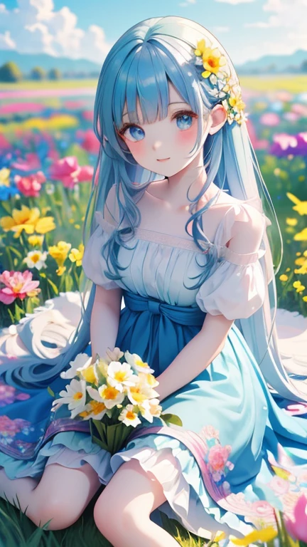 anime、anime " Flower field, colorful flowers, , beautiful blue sky, beautiful sunlight, colorful anime artwork, distant view, amazing scenery, great visuals, beautiful anime artwork, super clear, masterpiece, high resolution, 8k 35mm film "A pastel-colored haired character with a detailed face, wearing a frilly floral dress, sitting on the ground in a field of colorful flowers, holding a bouquet of vibrant flowers, surrounded by blooming flowers and greenery, creating a whimsical and serene atmosphere."