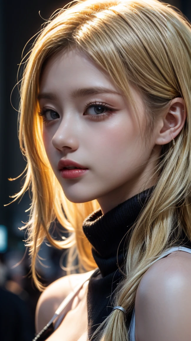 masterpiece, 8k,  Award-Winning Photos , photo realistic ,  realistic , Very  Details,  super high res, Ray Trakun, ///1 person, ( sleeveless turtleneck ),  knight , Blurred cityscape of South Korea,  most beautiful, 20 years old, ( sexy, Japanese Beauty), Look at me and smile , ( blonde hair :1.2,  cool disheveled hair ,  long wave hair:1.5), ///  Human Details Shiny Skin ,  colored contact lenses 、 Completely-valid, lipstick,  High Saturation Eye Shadow ,  Detailsな肌, Beautifully  Details face,  RAW photo, ( top quality ,  Details:1.3),  top quality , (Very  Details), Hyper  Details, (Delicate and  Details), (複雑な Details), (Cinematic Light,  top quality  Backlights),  super high resの顔、 super high resの髪、 super high res sparkling eyes,  super high res glossy lips,  A beautiful face is drawn in every detail, Clear lines, from below, solo,  soft Light,  mysterious in another dimension,  soft, Girls&#39; honest impressions, (whole body),  perfect body, huge breasts,  earrings for women with first name, ( sexy pose:1.2), (Bare Belly:1.3),((whole bodyアングル:1.7)),( high leg panties)