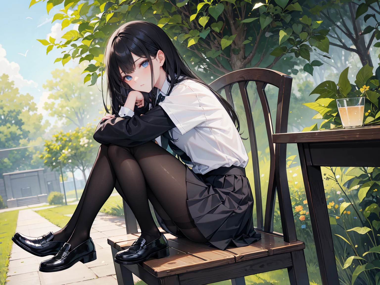 Anime style barefoot female holding pair of hich heels, black skirt, no shoes, black hair, Long Hair, career woman, black jacket, white shirt ,angry (full body)