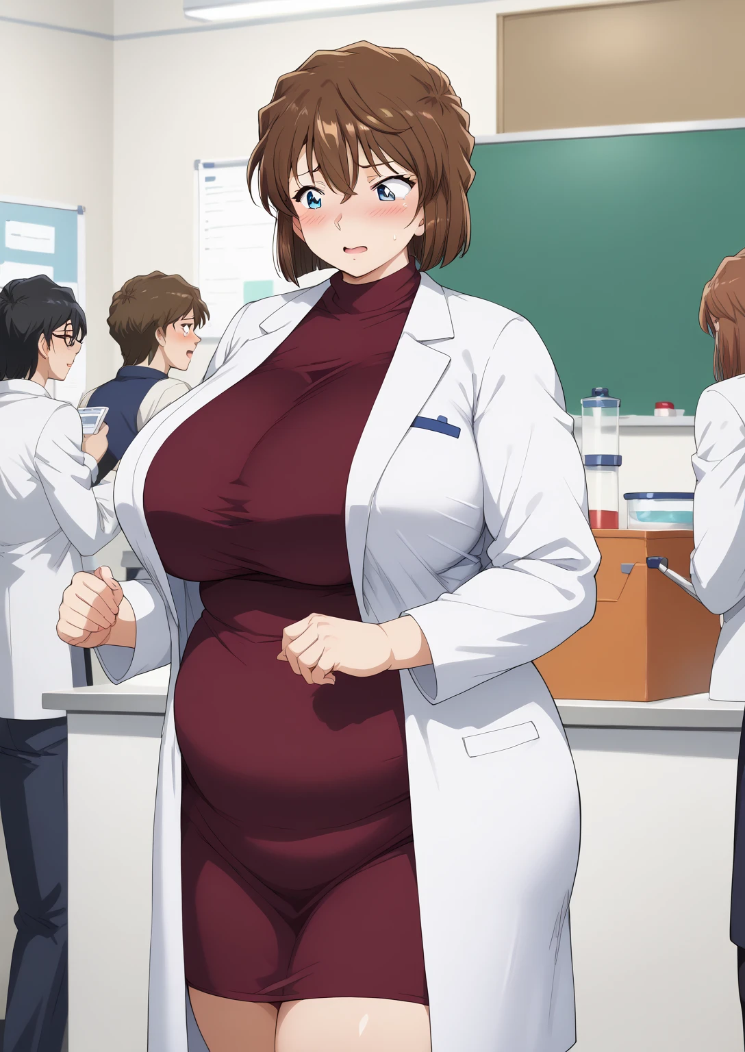 Shiho Miyano, Miyano Shiho, short hair,Brown Hair, blue eyes,hair between eyes,lab coat, Mulberry dress, long sleeve dress, mini skirt dress, score_9,   score_8_ up,   score_7_ up,   score_6_ up,   score_5_ up,   score_4_ up,     masterpiece   ,   top quality,     very aesthetic  ,    absurd,    source_Anime, Anime screencap,    one woman , Alone,   personal   ,  Super huge breasts, (((S uper huge クレビス, Super huge , Super huge boob))), Curvy,   in her 20s,  Mature Woman,   obese , ,  troubled expression,  ssbbw,  embarrassed expression