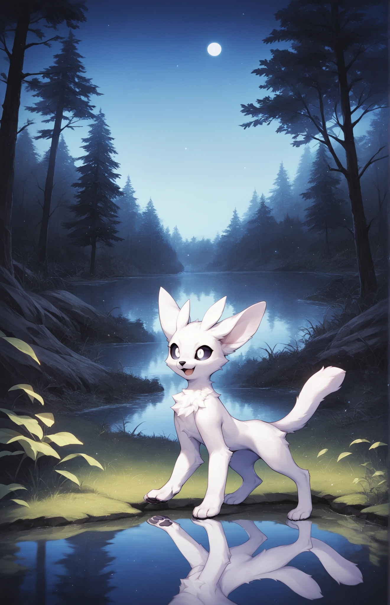 ori, white fur, paws, tail, black sclera, white eyes, black nose, source_anime, upper body, forest, tree, grass, standing, tree trunk, lake, water, reflection, pawpads, night, open mouth, smile, photoshop \(medium\), dark environment, purple light, volumetric fog,, score_9, score_8_up, score_7_up, score_6_up, score_5_up, score_4_up, ponypositive,